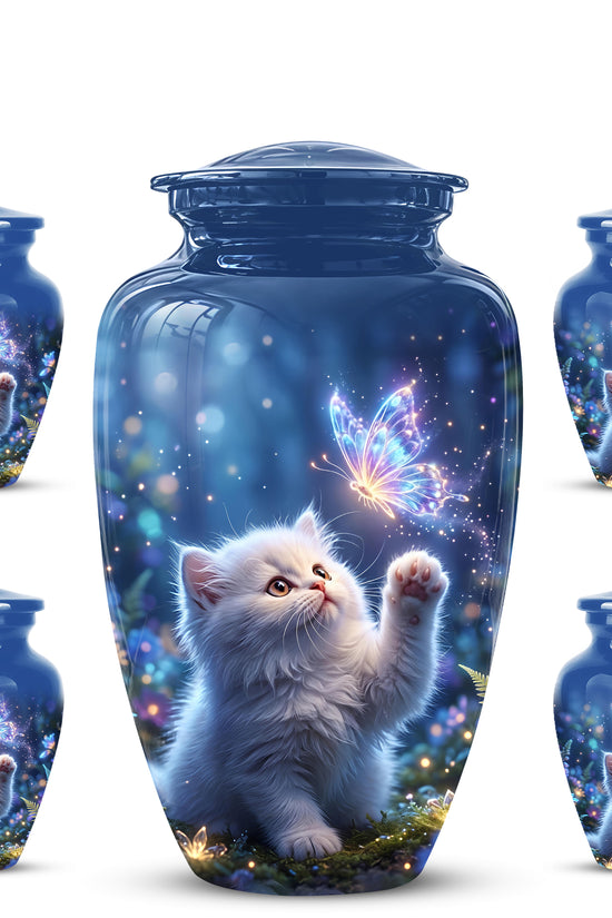 White Cat With Majestic Butterfly - Blue Cremation Urns For Human Ashes