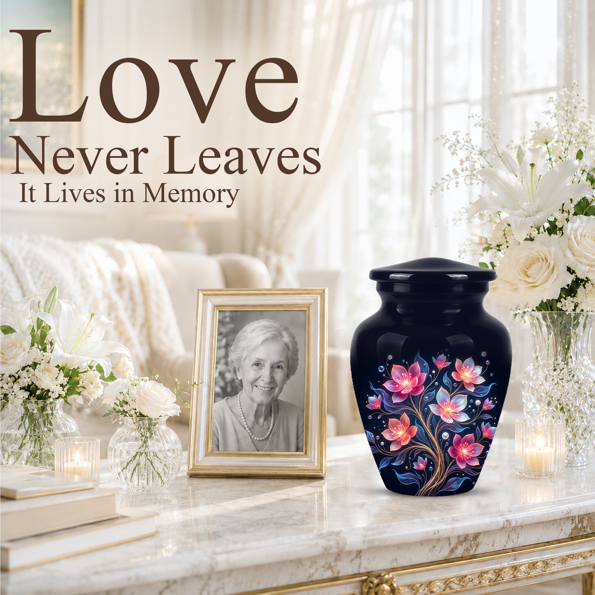 Hand-Painted Lotus Flower Cremation Urn - Decorative Urns On Sale