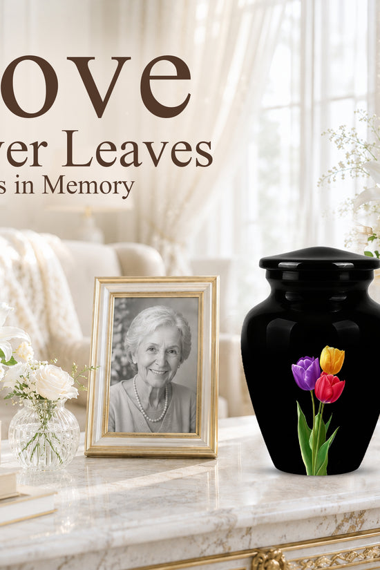 Colorful Tulips Flower Cremation Urn - Personalized Black Urns On Sale