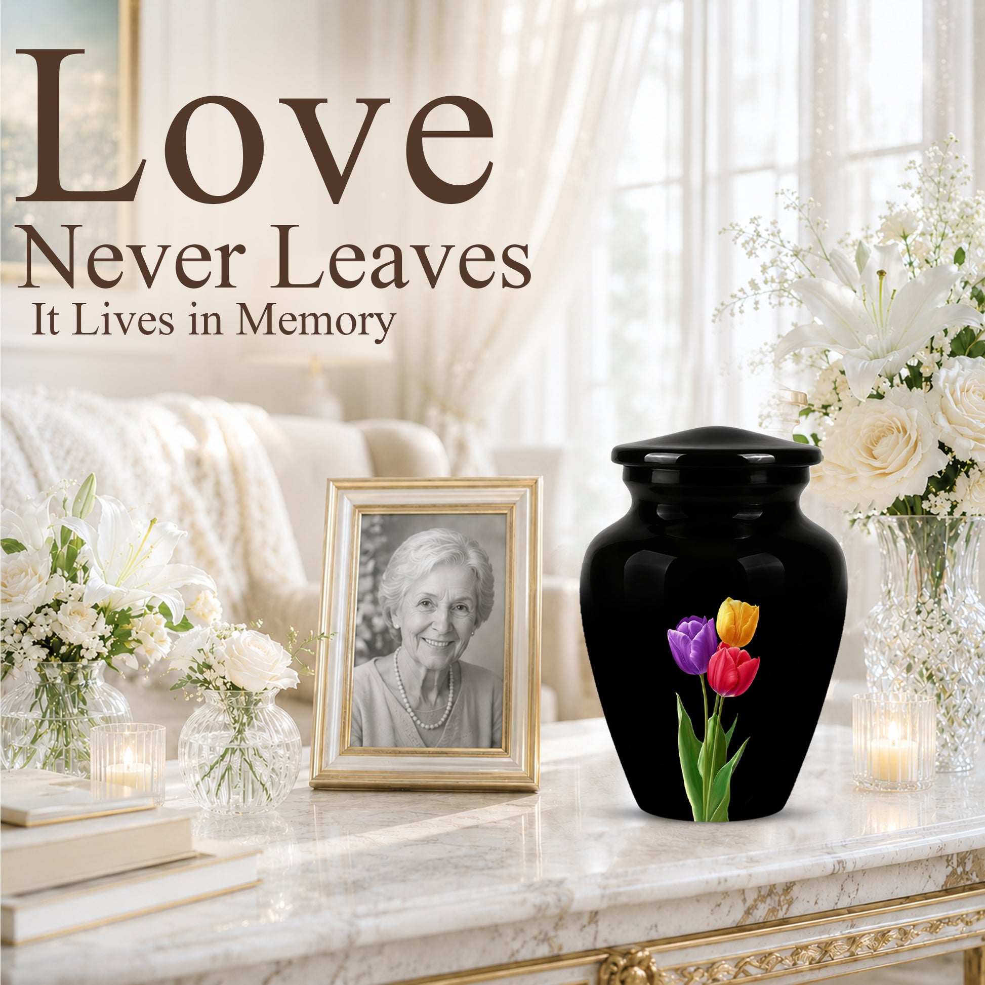 Colorful Tulips Flower Cremation Urn - Personalized Black Urns On Sale