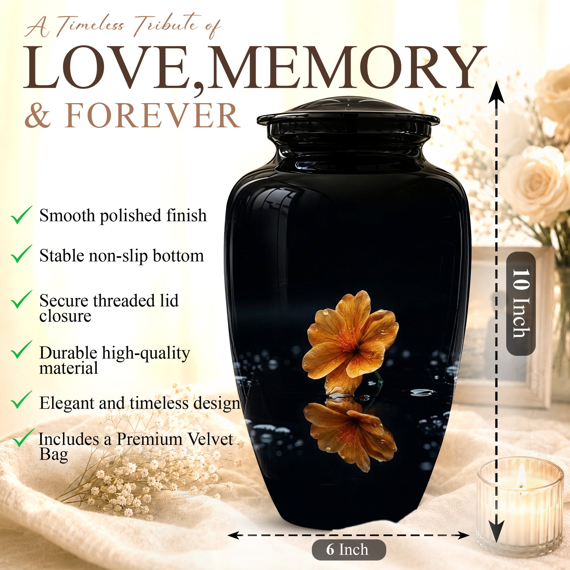 Decorative Yellow Flower Themed Urn - Decorative Black Urns For Ashes
