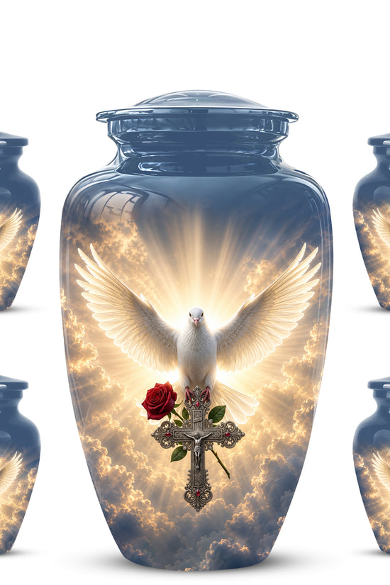 White Dove Bird With Rose - Blue Memorial Urns For Human Ashes