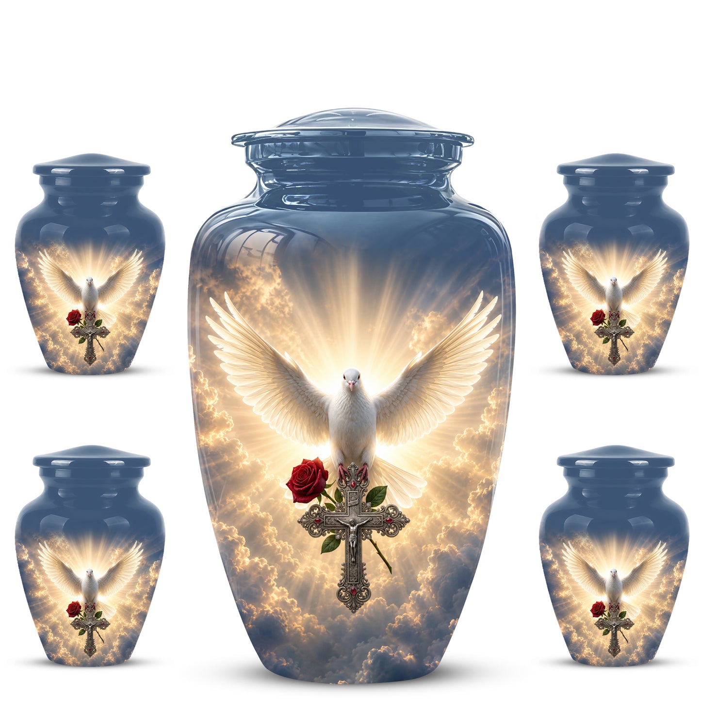 White Dove Bird With Rose - Blue Memorial Urns For Human Ashes