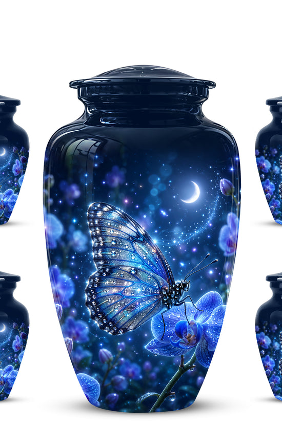 Blue Butterfly On Flower -Starry Night Burial Urns For Human Ashes