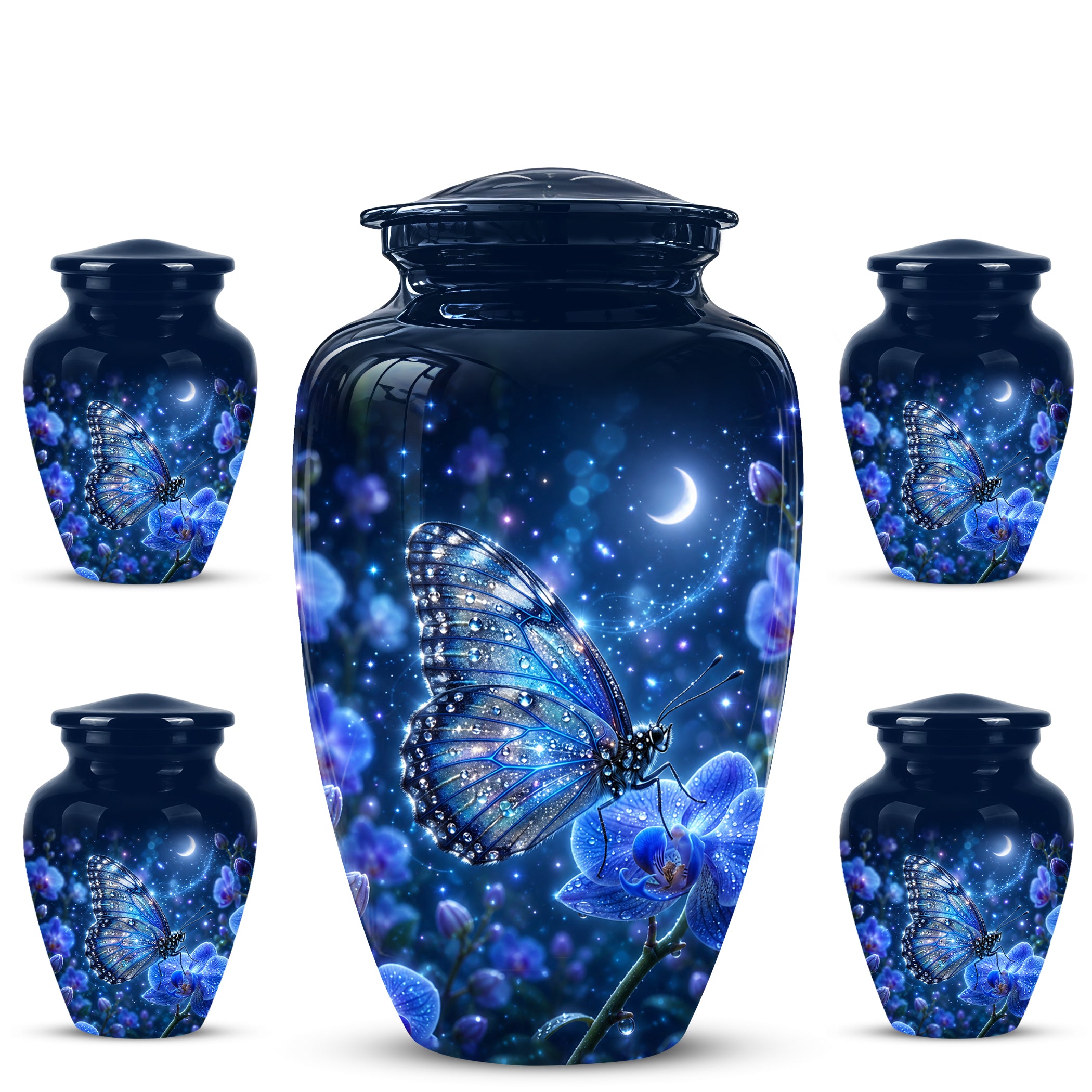 Blue Butterfly On Flower -Starry Night Burial Urns For Human Ashes