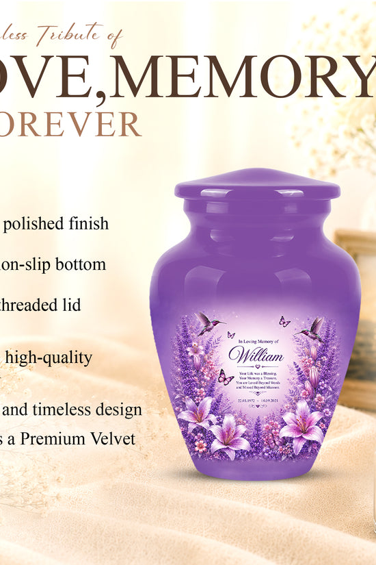 Lavender Hummingbird Urn – Purple Floral Urn for Human Ashes
