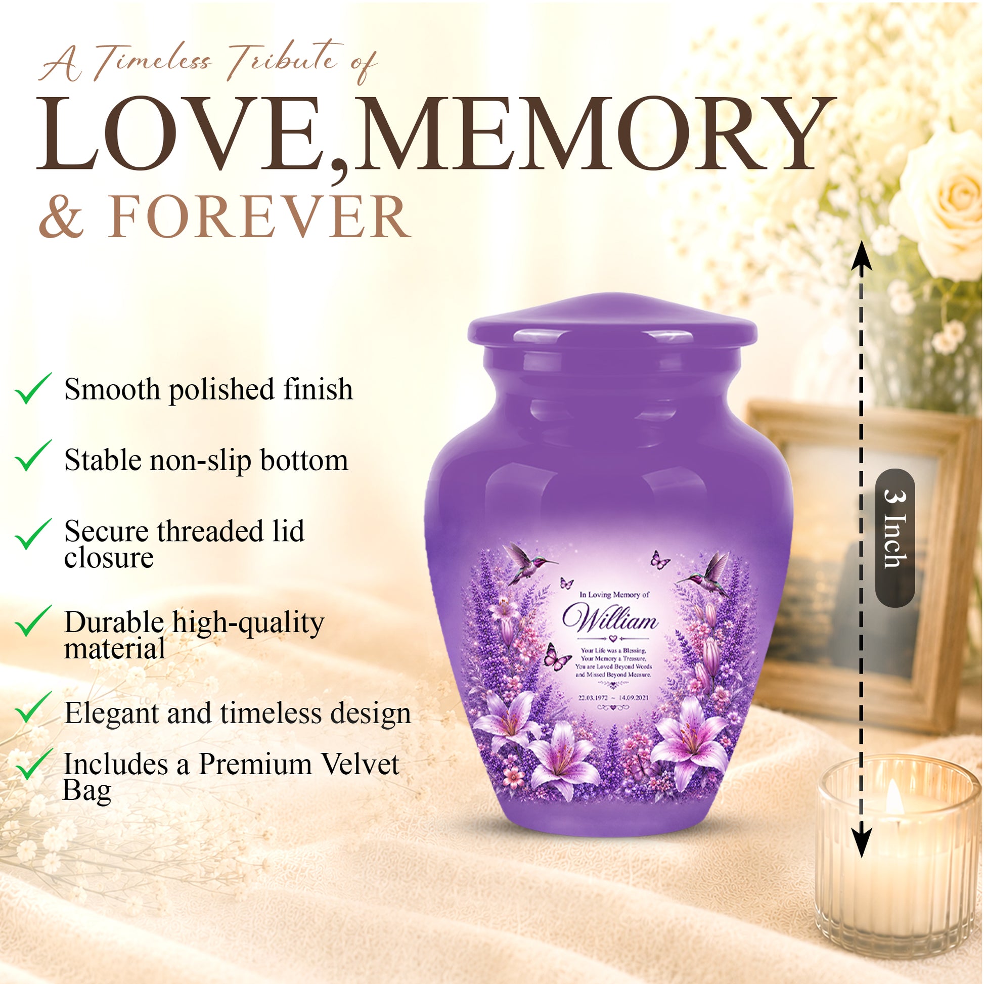 Lavender Hummingbird Urn – Purple Floral Urn for Human Ashes