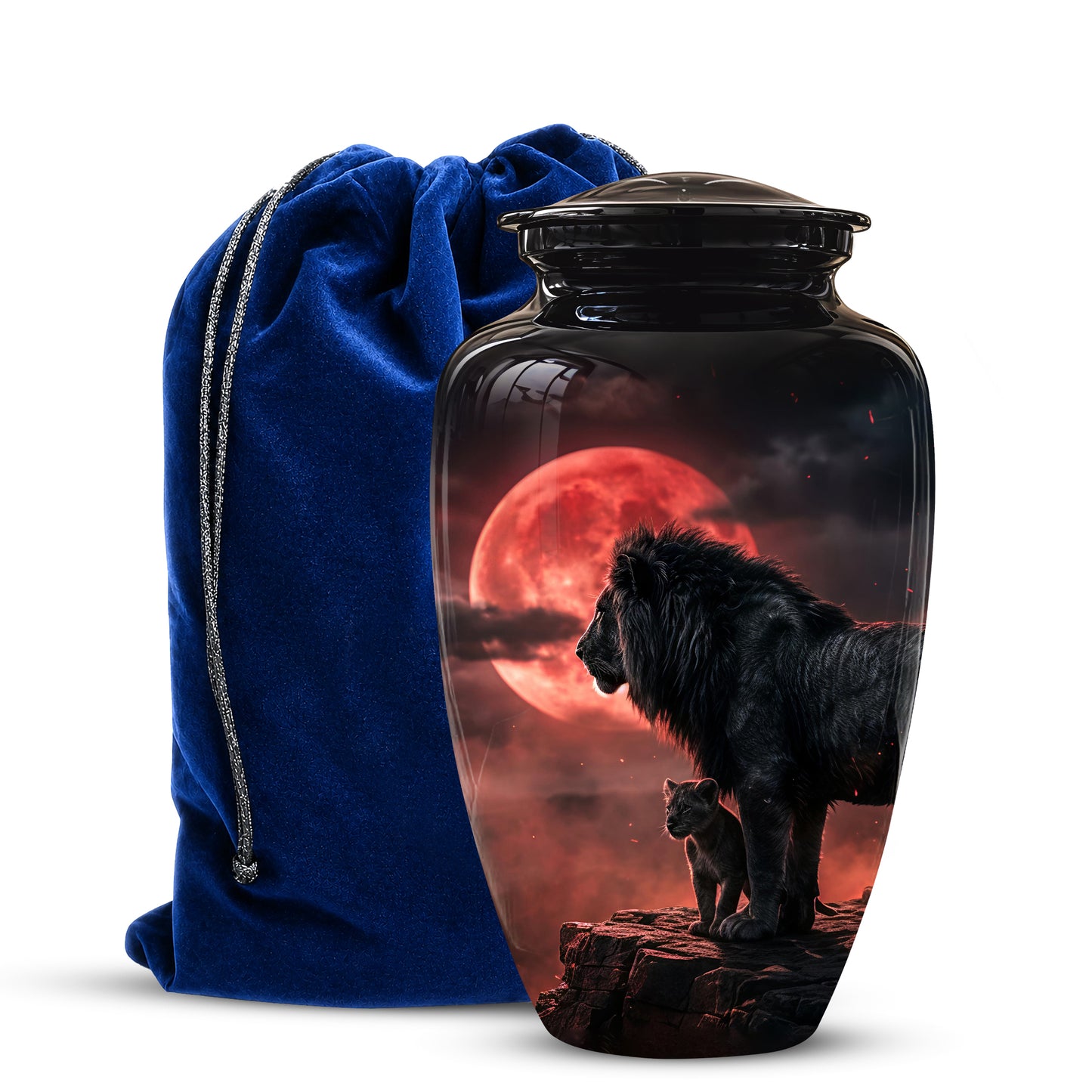 Cremation urn with lion design and blue drawstring bag on white background