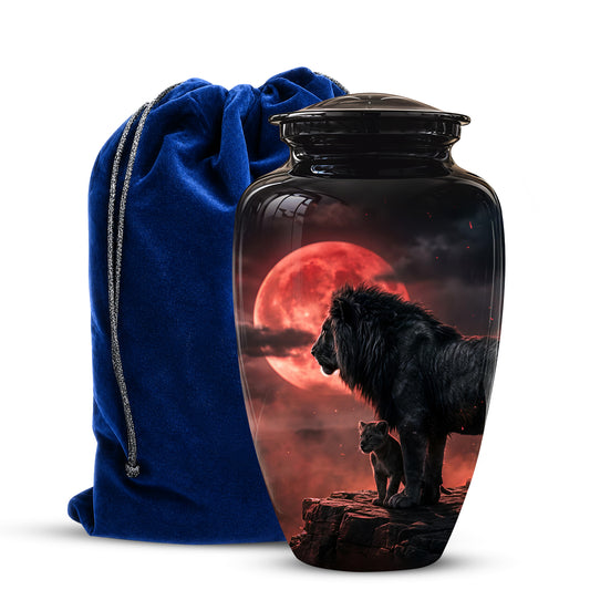 Cremation urn with lion design and blue drawstring bag on white background