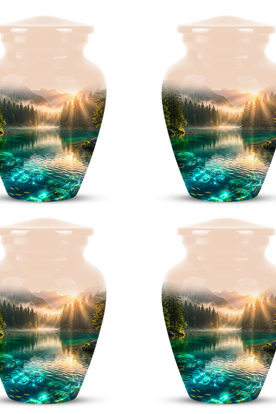 Serene Mountain Lake Cremation Urn- Custom Memorial Art Urns For Ashes