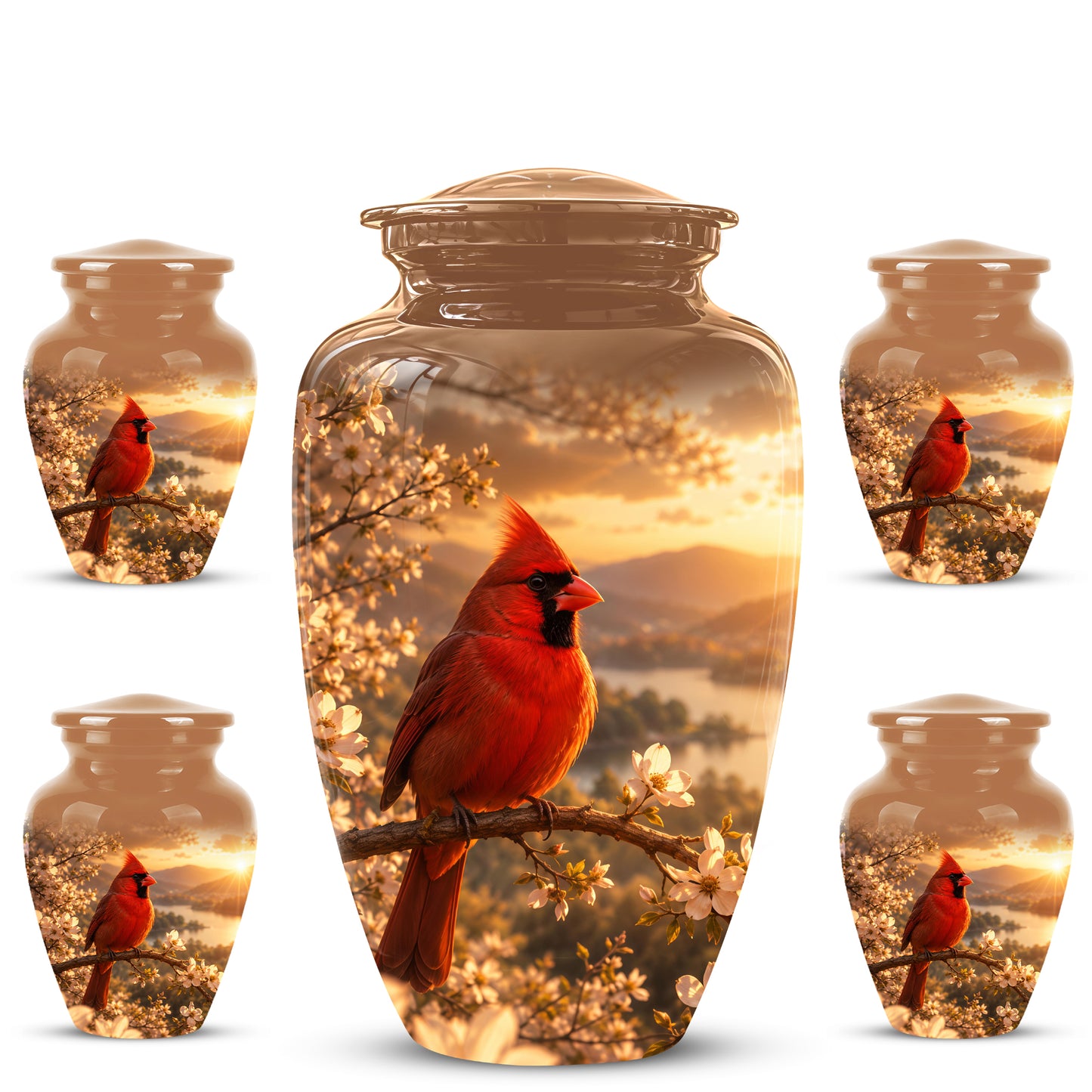Red Cardinal Bird - Beautiful Sunset Scenic Burial Urns For  Ashes