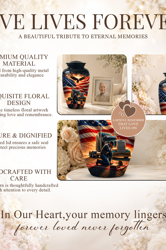 Personalized Patriotic Truck Driver Funeral Urn with American Flag Design