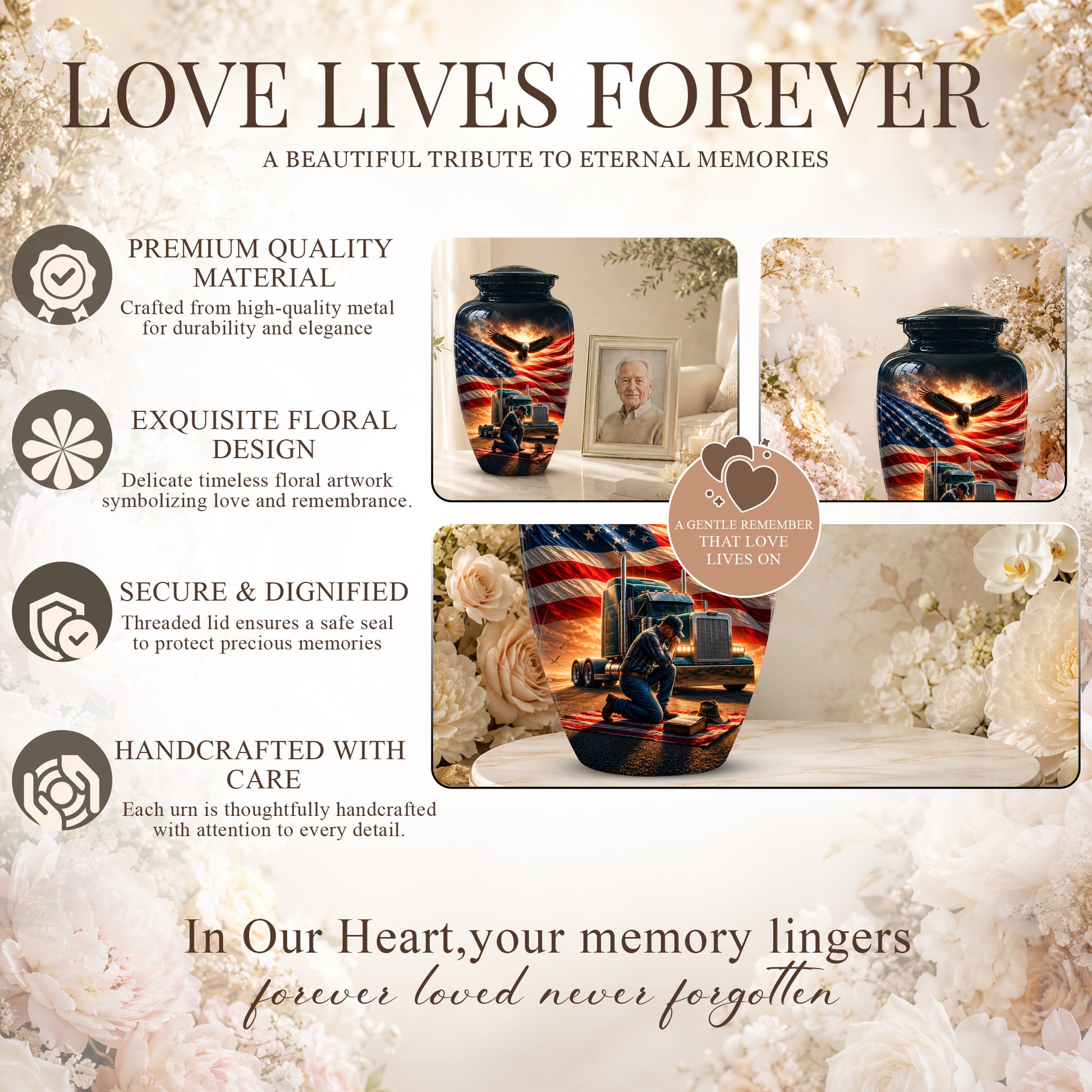 Personalized Patriotic Truck Driver Funeral Urn with American Flag Design