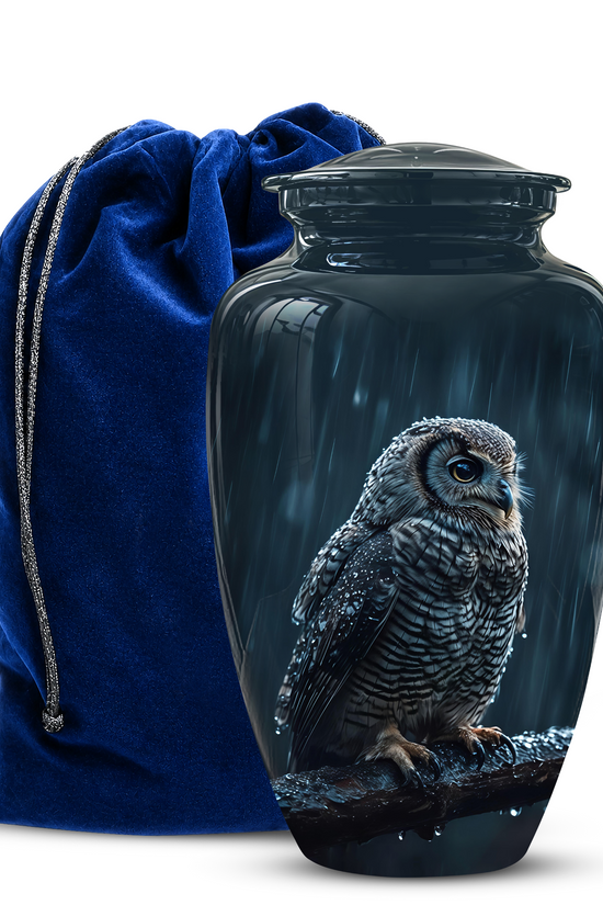 Owl cremation urn for human ashes with detailed snowy owl artwork and blue velvet storage bag on white background