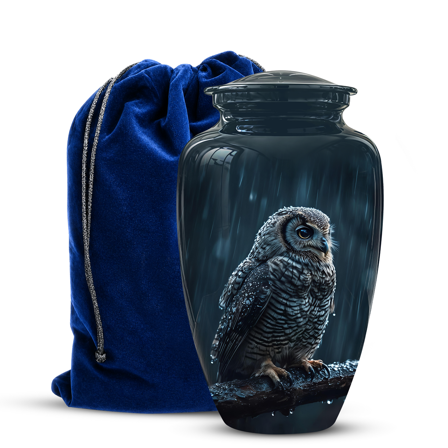 Owl cremation urn for human ashes with detailed snowy owl artwork and blue velvet storage bag on white background