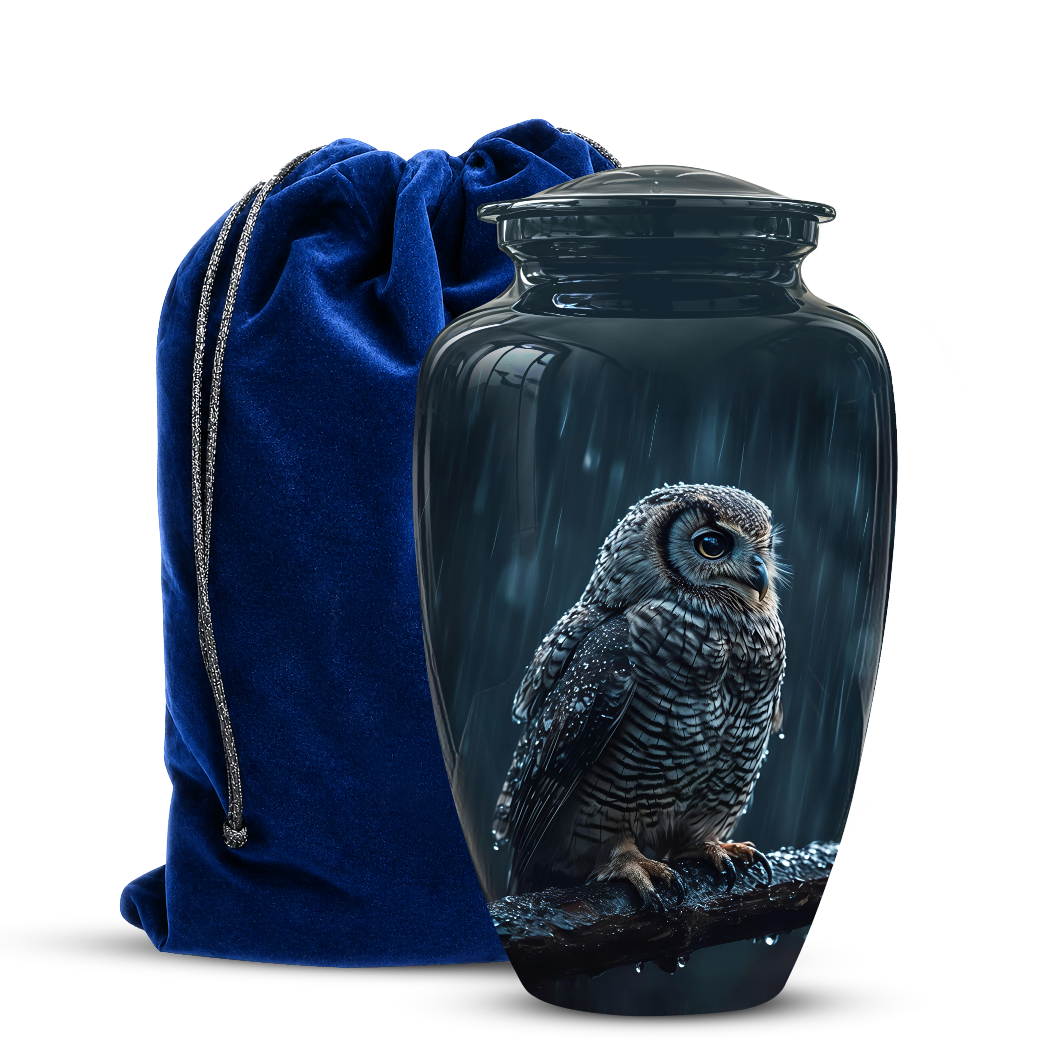 Owl cremation urn for human ashes with detailed snowy owl artwork and blue velvet storage bag on white background