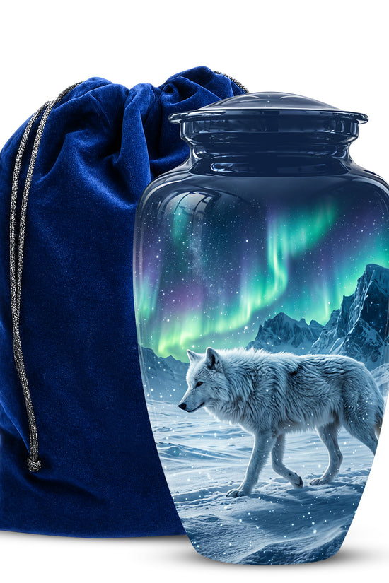 Snowy Wolf Cremation Urn - Northern Light Memorial Urn For Human Ashes