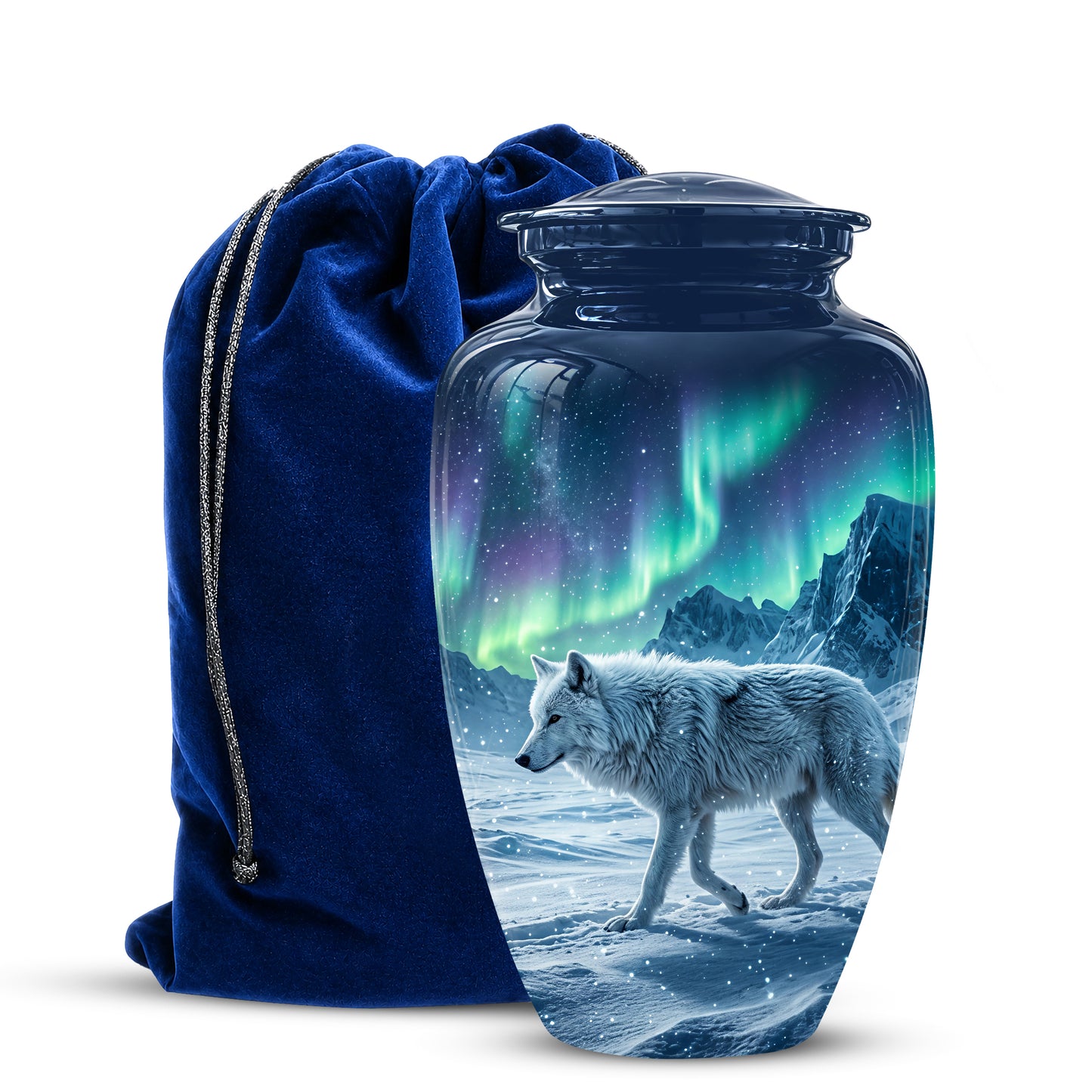Snowy Wolf Cremation Urn - Northern Light Memorial Urn For Human Ashes