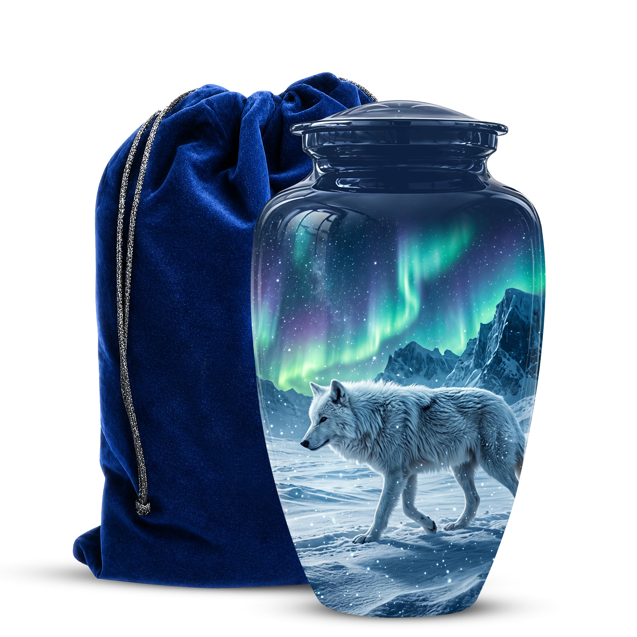 Snowy Wolf Cremation Urn - Northern Light Memorial Urn For Human Ashes