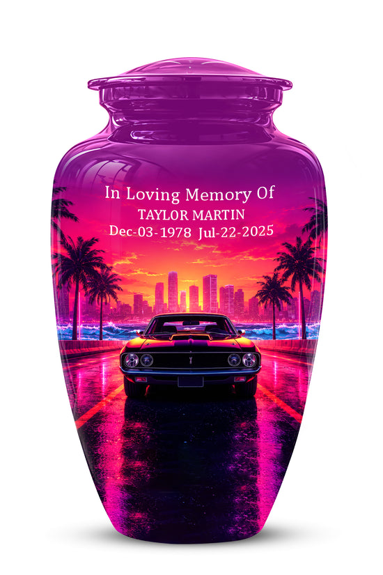 Neon Sunset Cityscape Sports Car Urn - Artistic Cremation Urn On Sale