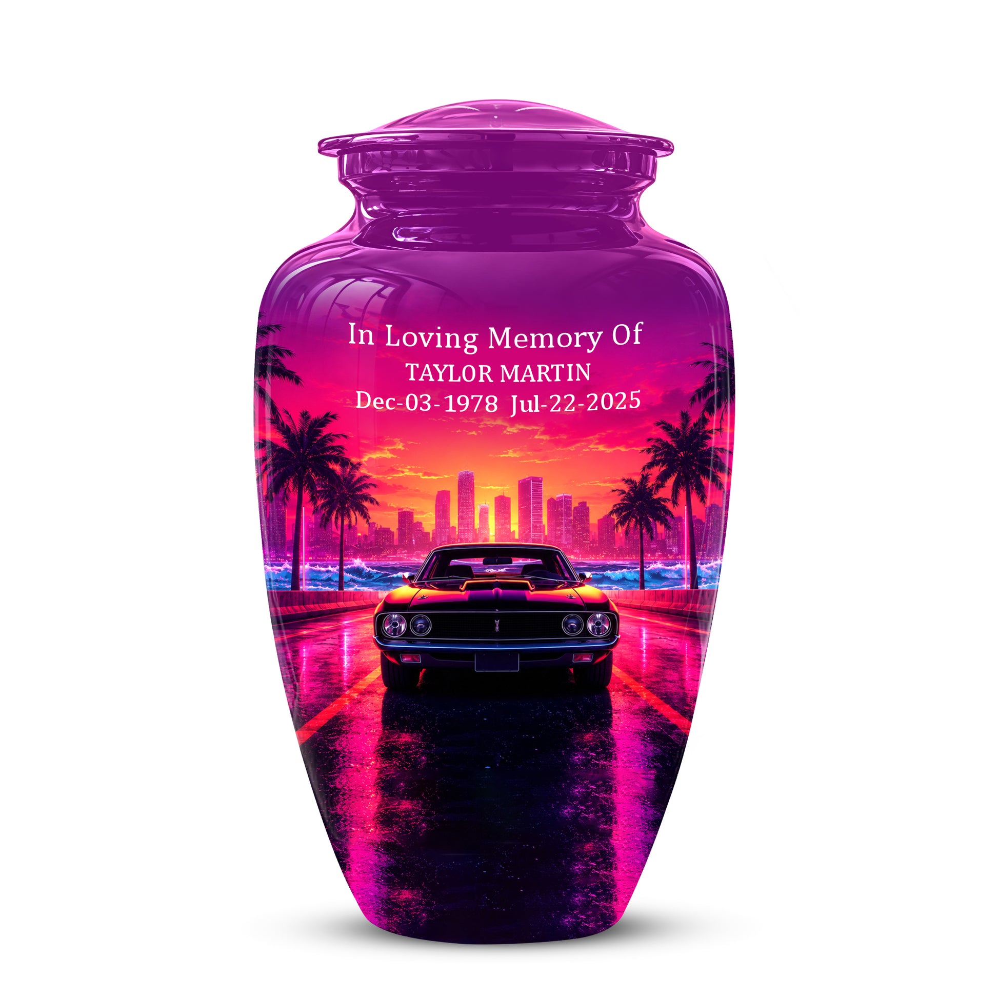 Neon Sunset Cityscape Sports Car Urn - Artistic Cremation Urn On Sale