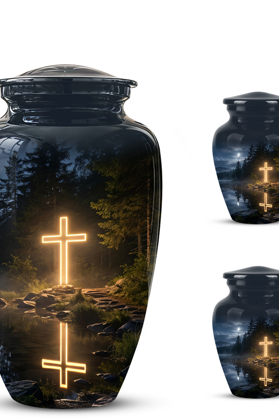 Glowing Cross In Forest - A Peaceful Tribute For Spiritual Human Ashes