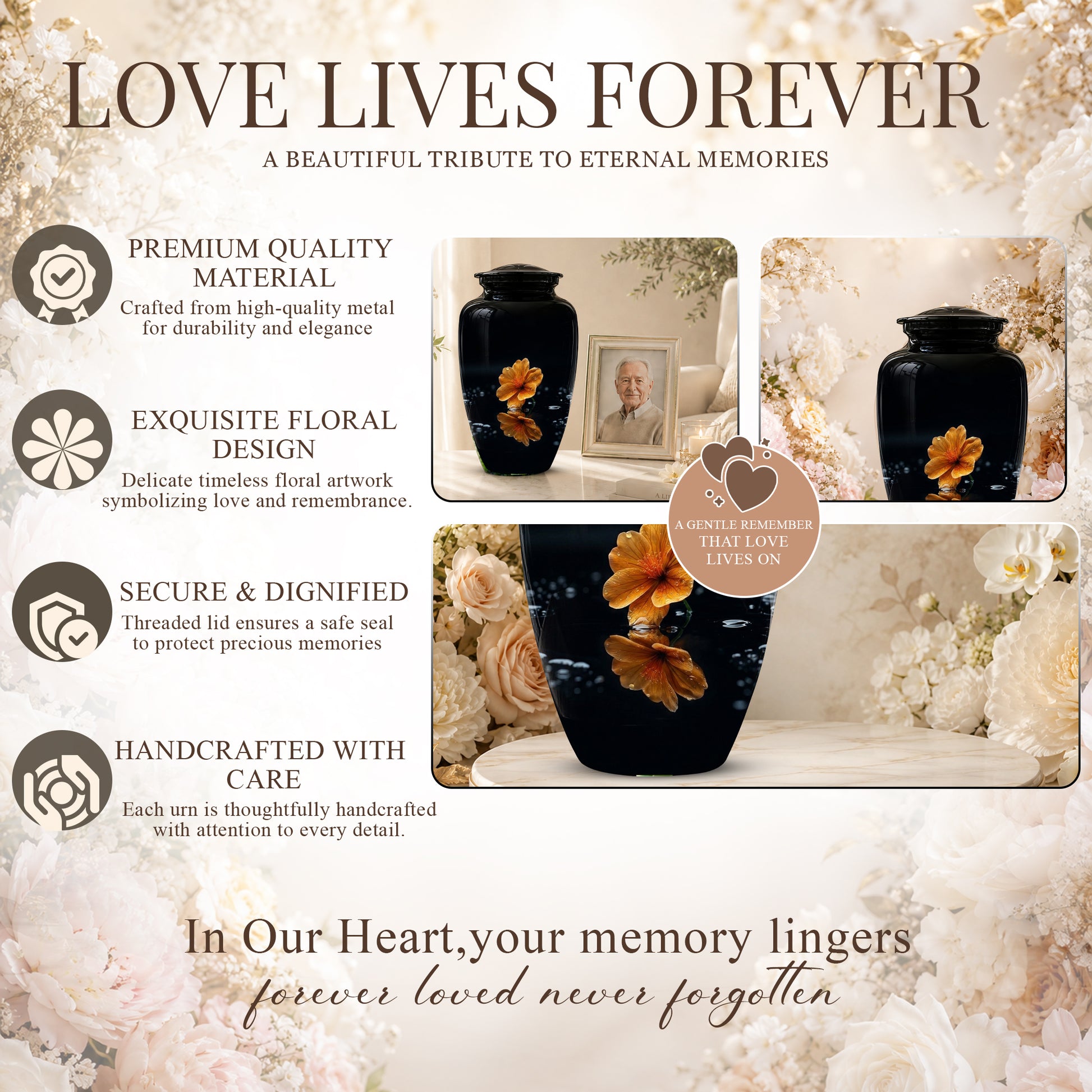Decorative Yellow Flower Themed Urn - Decorative Black Urns For Ashes