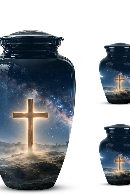 Jesus Cross In Night Sky Urn - Artistic Funeral Memorial Urns For Human Ashes