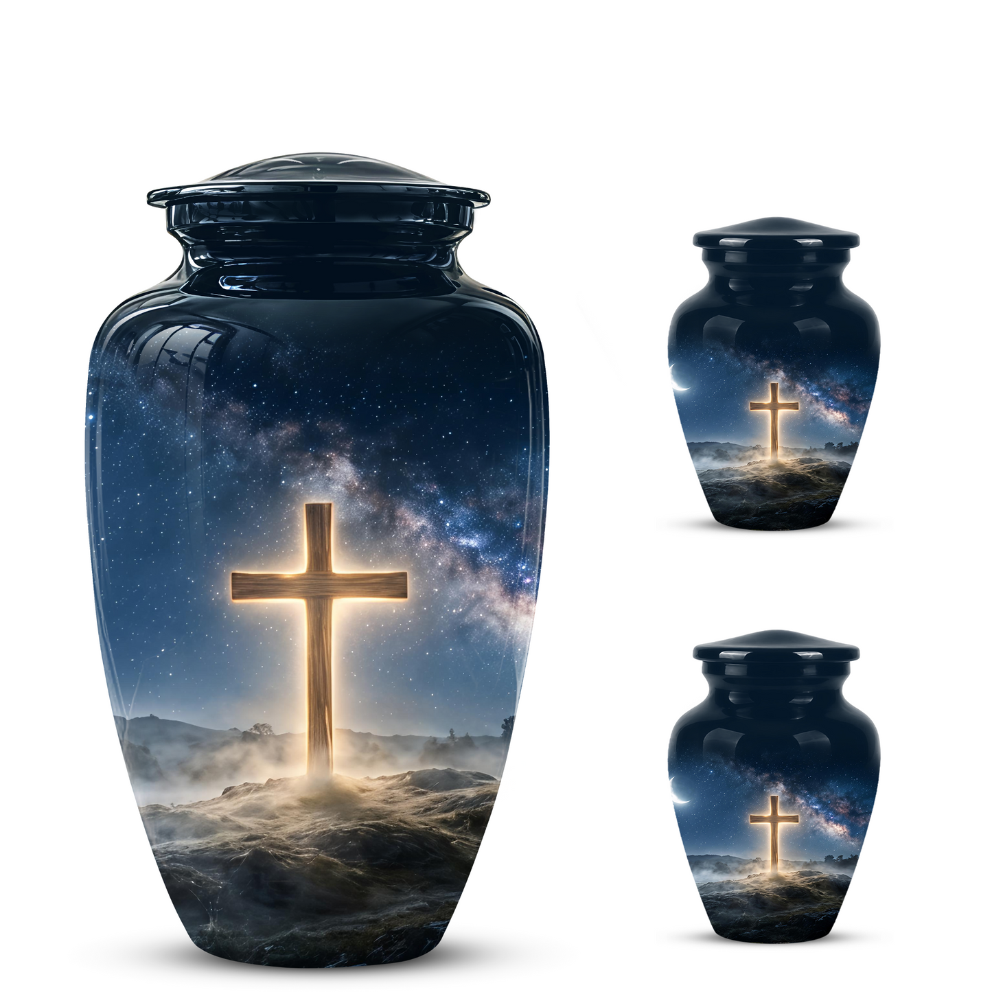 Jesus Cross In Night Sky Urn - Artistic Funeral Memorial Urns For Human Ashes