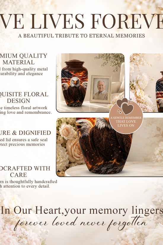 Bald Eagle & American Flag Funeral Urn - Patriotic Veteran Memorial Urn