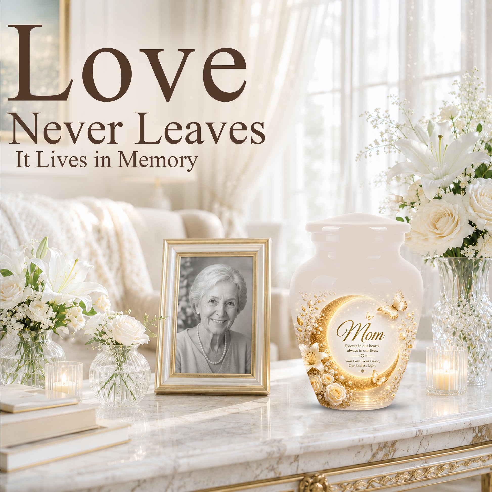 Floral Memorial Urn for Mom – White Aluminium Cremation Urn for Ashes