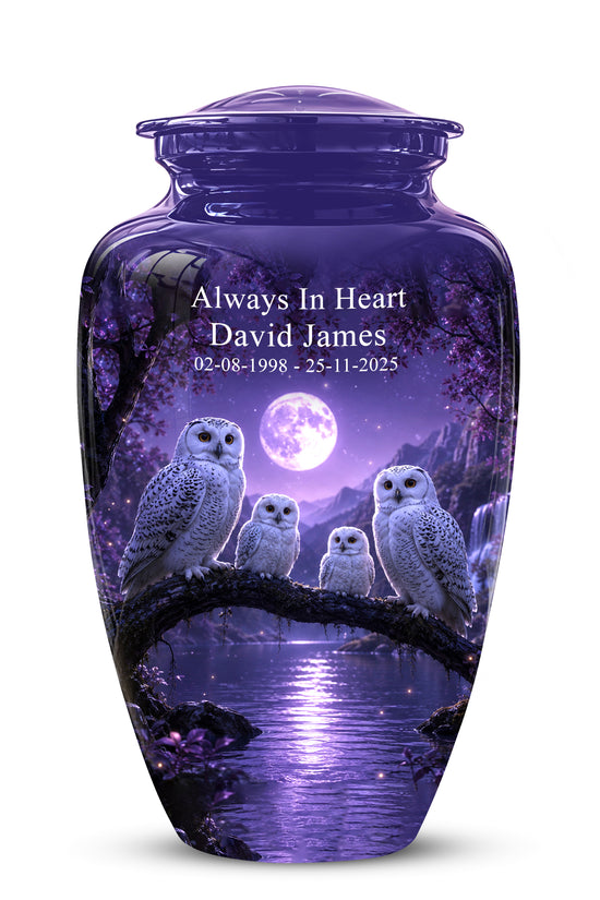 Snowy Owl Family Themed Cremation Urn - Purple Moonlight Memorial Urns