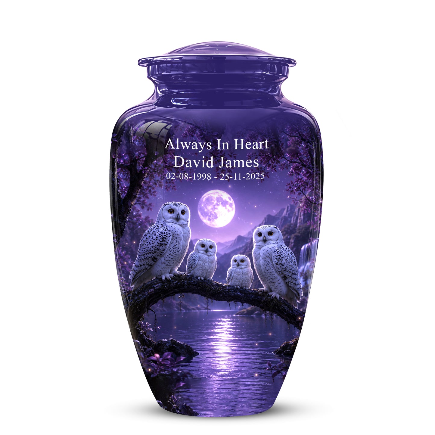 Snowy Owl Family Themed Cremation Urn - Purple Moonlight Memorial Urns