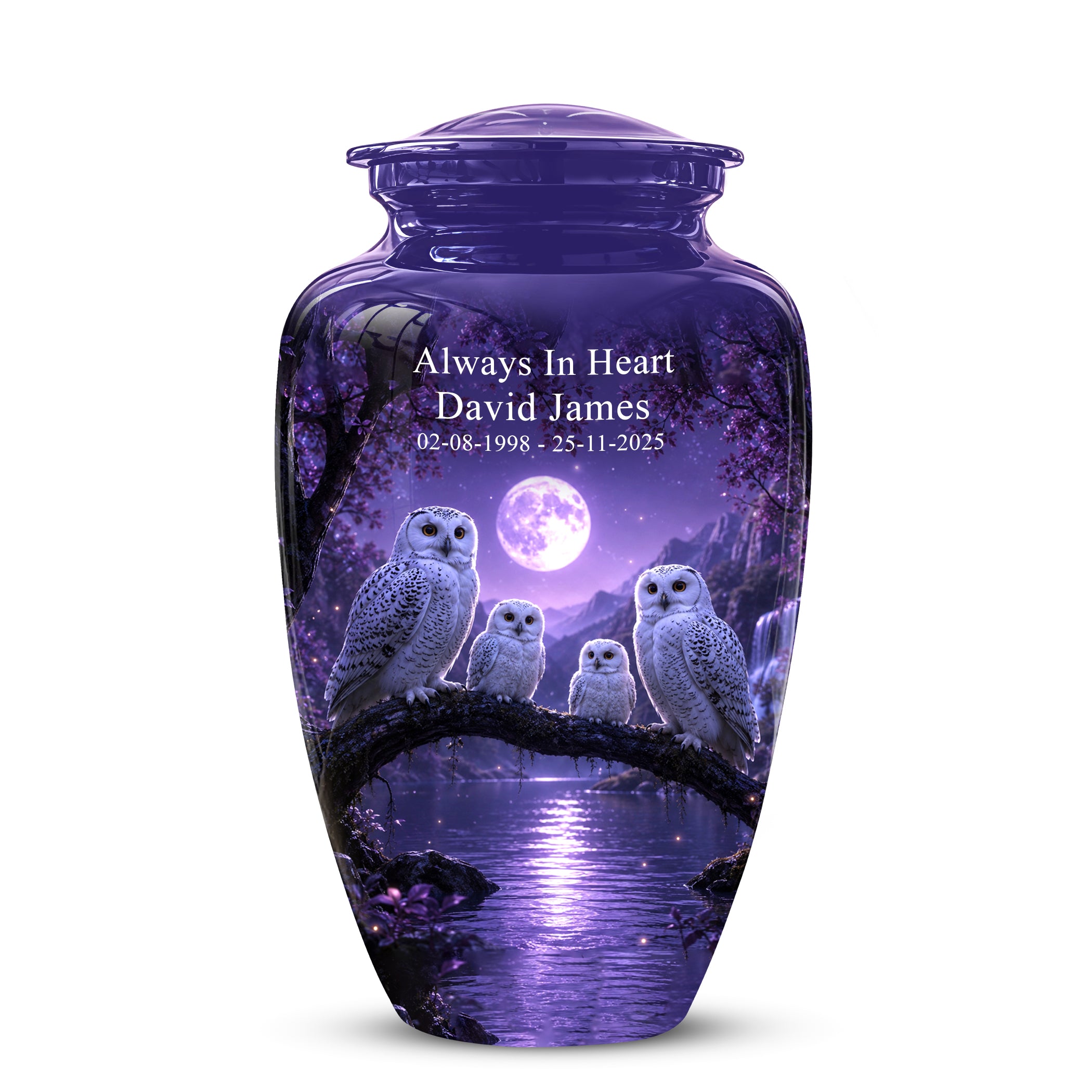 Snowy Owl Family Themed Cremation Urn - Purple Moonlight Memorial Urns