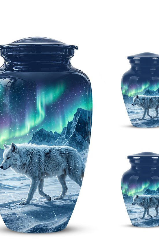 Snowy Wolf Cremation Urn - Northern Light Memorial Urn For Human Ashes