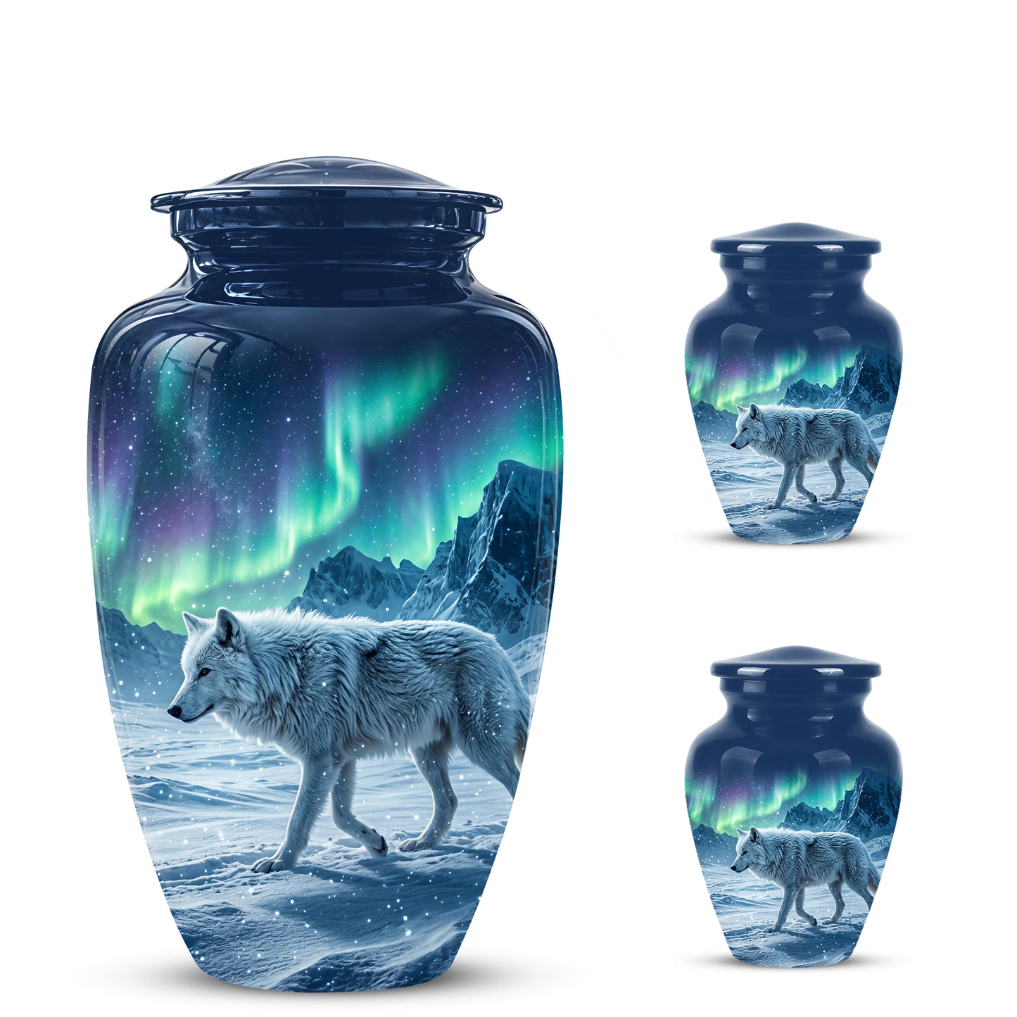 Snowy Wolf Cremation Urn - Northern Light Memorial Urn For Human Ashes