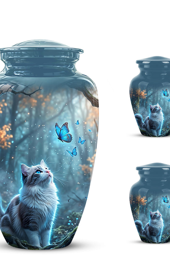 White Cat With Flying Butterfly - Custom Handcrafted Urns For Humans