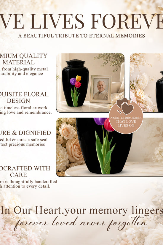 Colorful Tulips Flower Cremation Urn - Personalized Black Urns On Sale