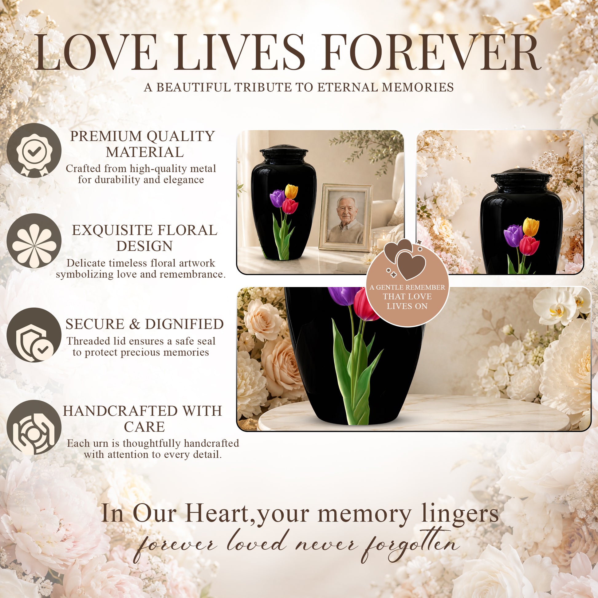 Colorful Tulips Flower Cremation Urn - Personalized Black Urns On Sale