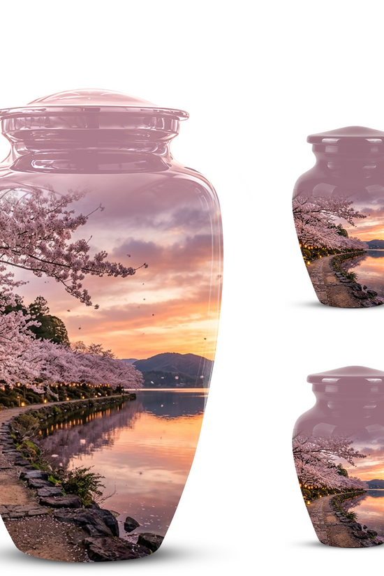Pink Spring Tree Cremation Urns - Beautiful Nature Sunset Burial Urns