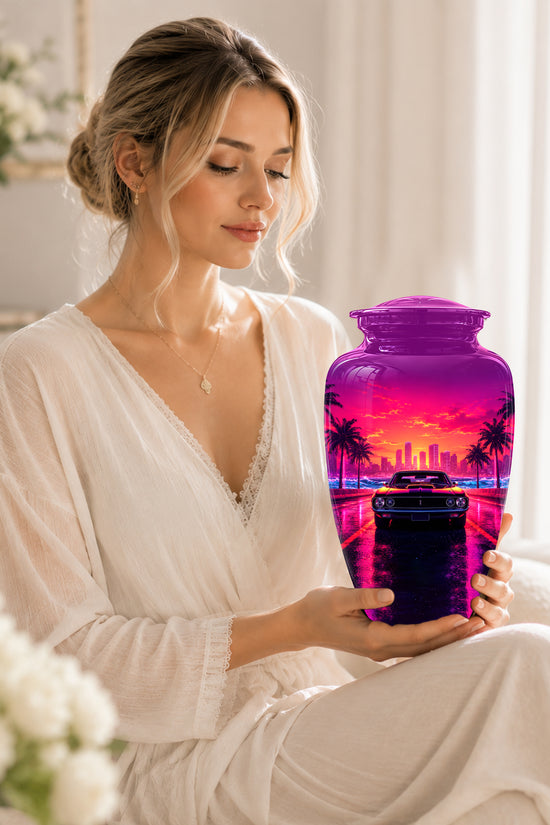 Neon Sunset Cityscape Sports Car Urn - Artistic Cremation Urn On Sale