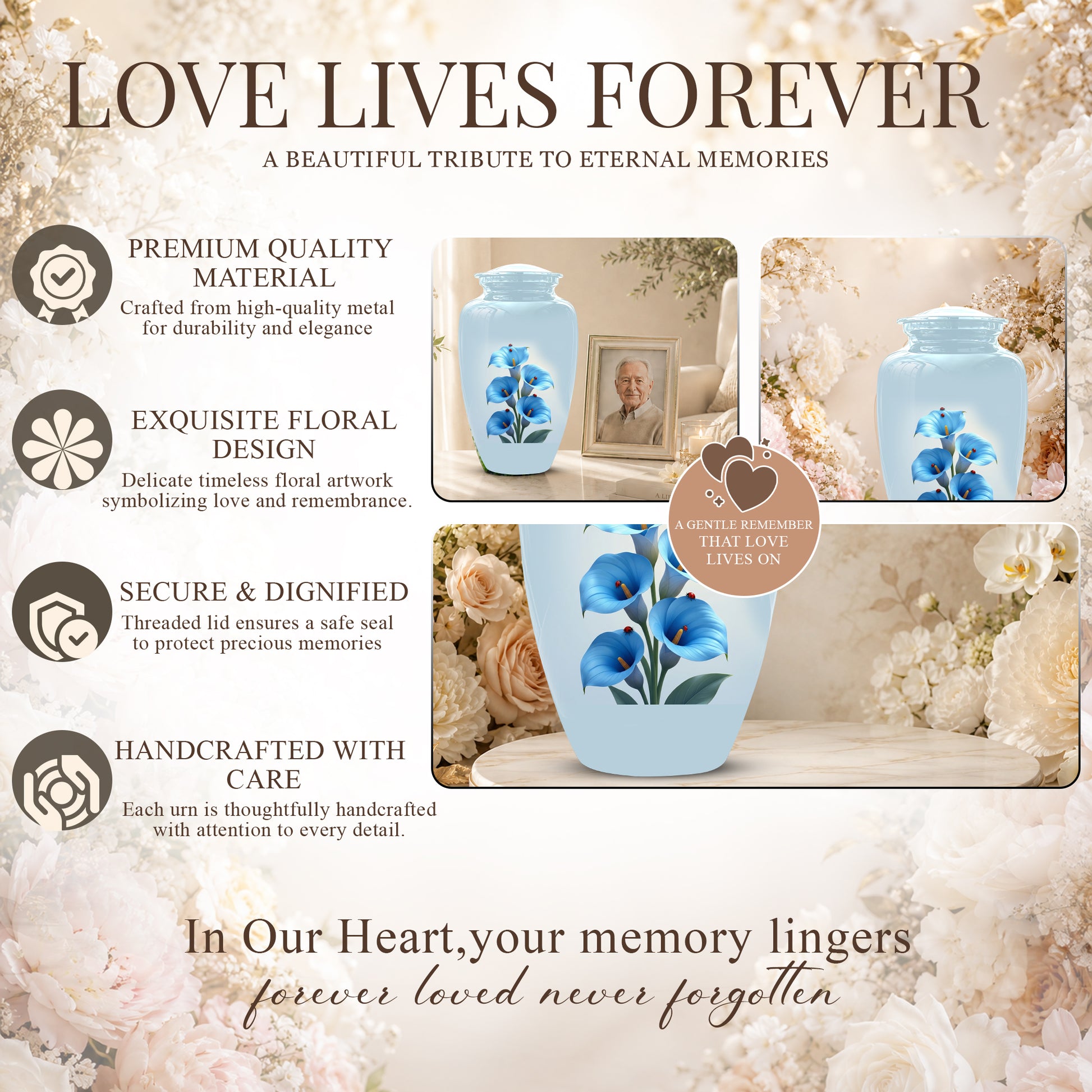 Personalized Blue Orchid Cremation Urn - Beautiful Urns For Women Ashes