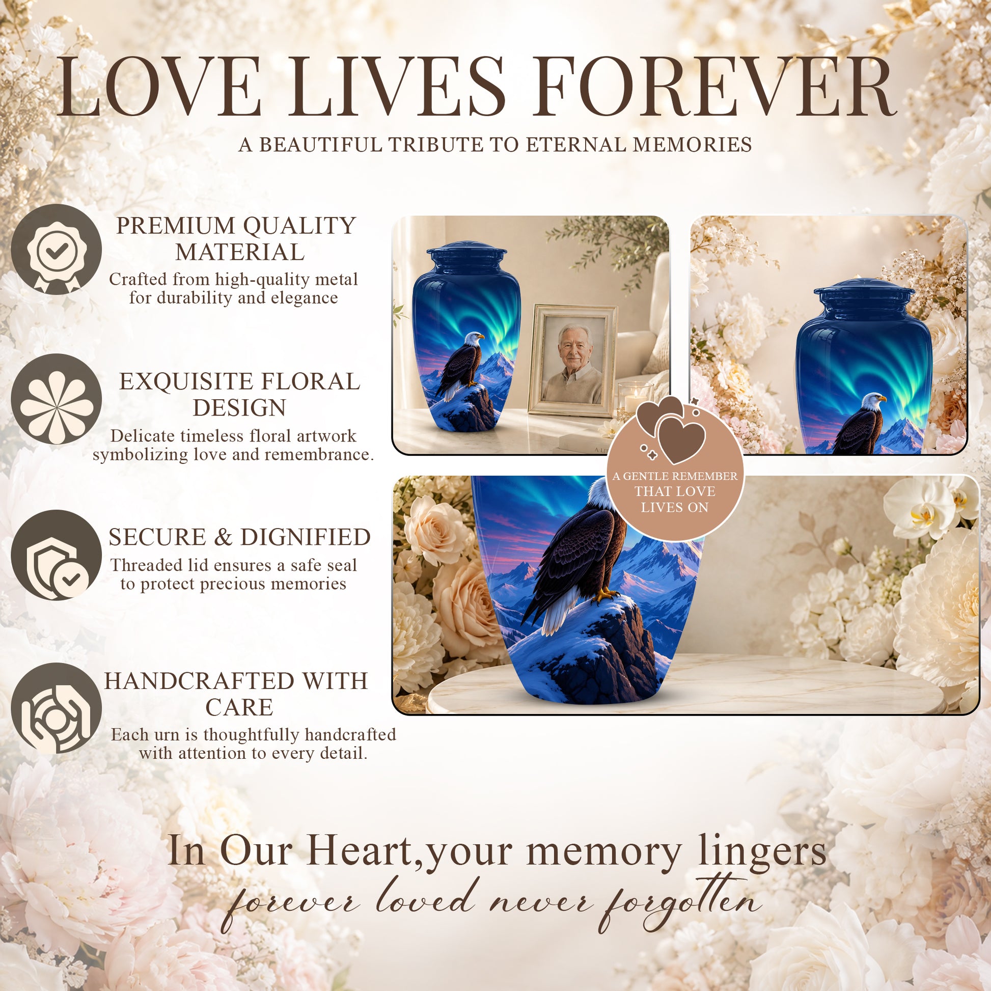 Personalized Bald Eagle Cremation Urn - Northern Lights Memorial Urns For Ashes