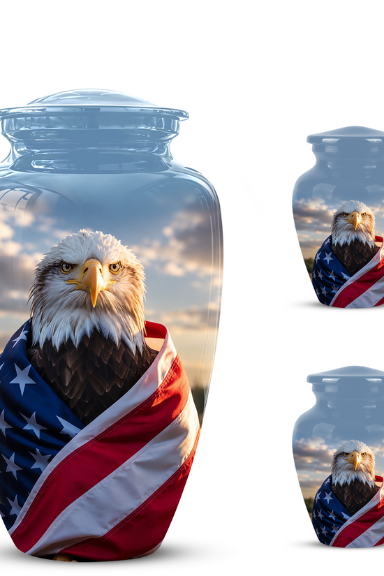 Bald Eagle Draped in American Flag - Patriotic Burial Urns For Human Ashes