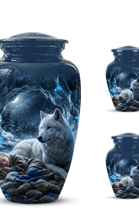 White Wolf With Girl Urn - Custom Memorial Urns For Men & Women Ashes
