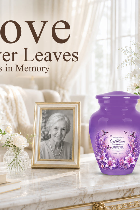 Lavender Hummingbird Urn – Purple Floral Urn for Human Ashes