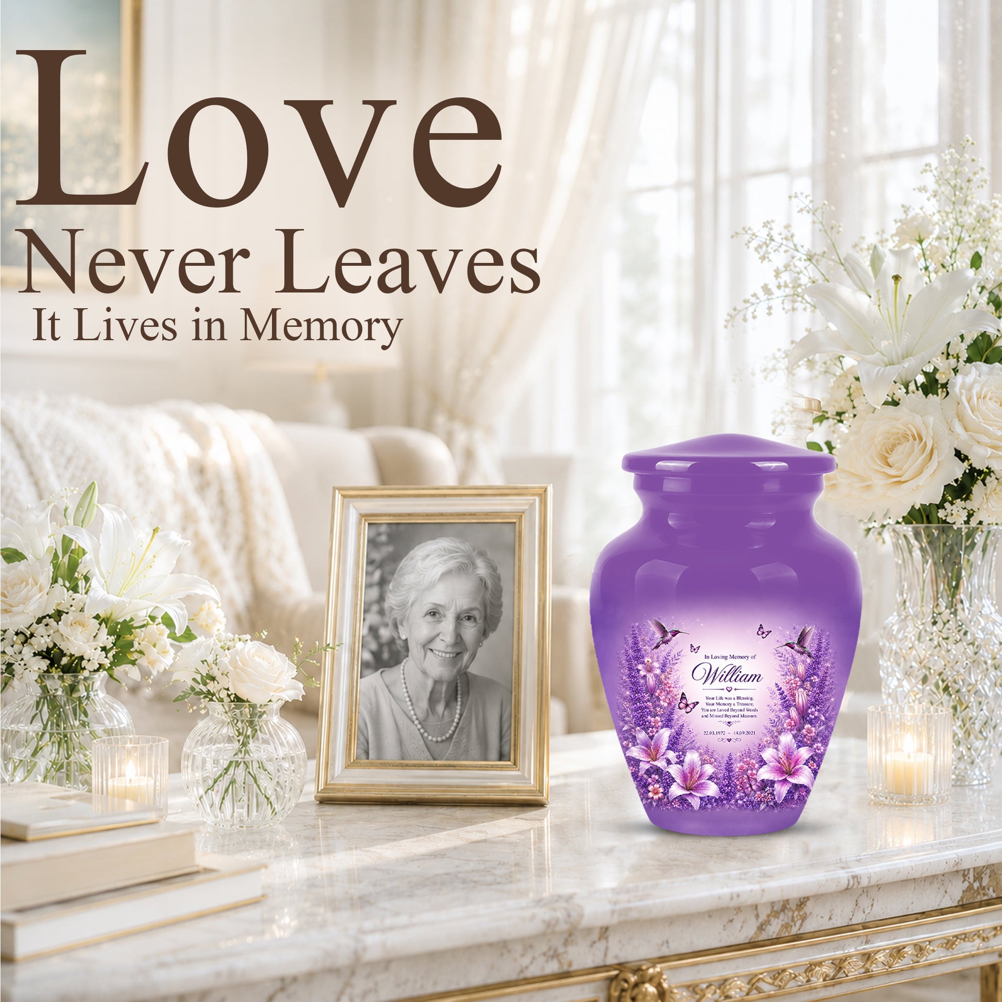 Lavender Hummingbird Urn – Purple Floral Urn for Human Ashes