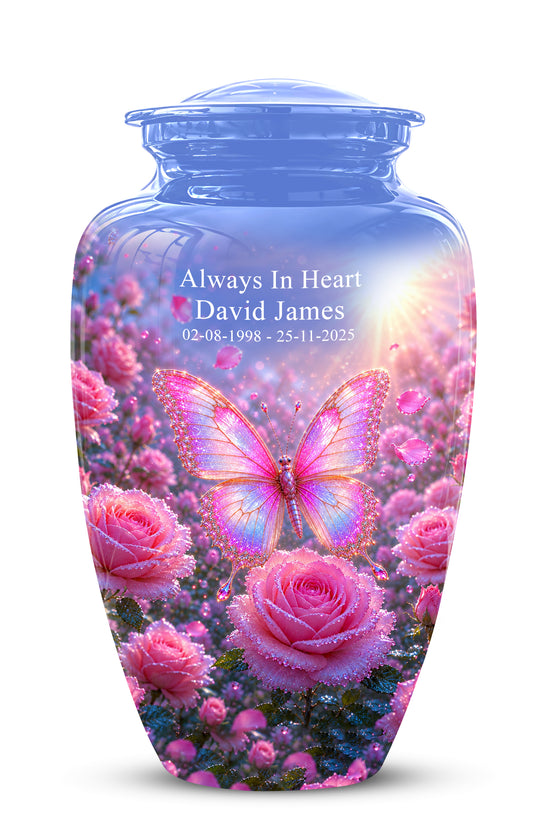 Pink Butterfly On Flower Funeral Urn - Handcrafted Urns For Mom Ashes