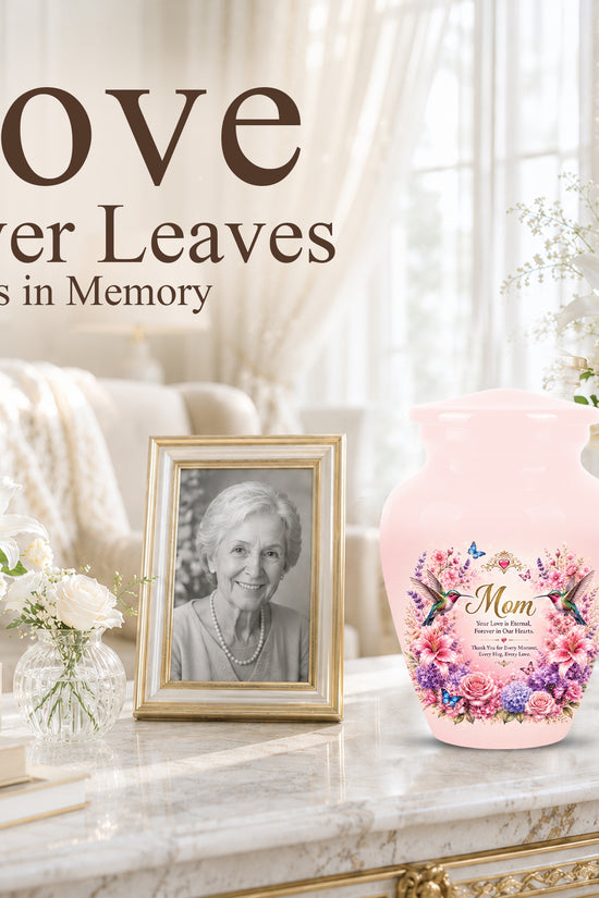 Hummingbird Floral Memorial Urn for Mother – Pink Aluminium Cremation Urn for Loved ones