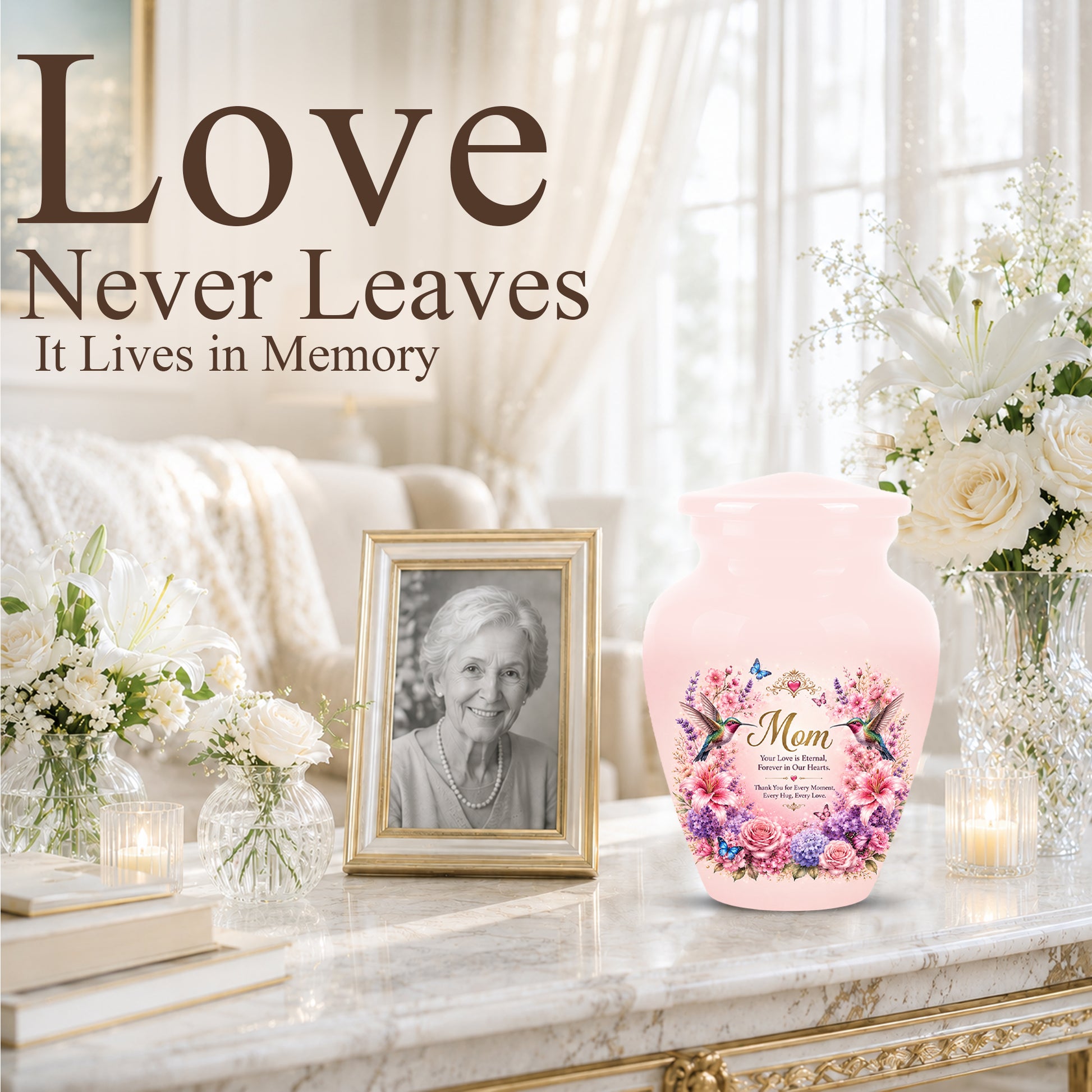 Hummingbird Floral Memorial Urn for Mother – Pink Aluminium Cremation Urn for Loved ones